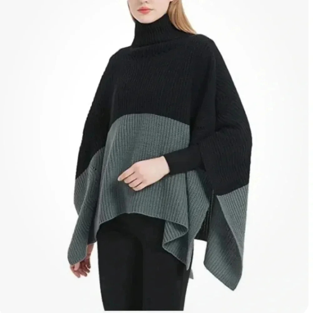 Save The Ocean Turtleneck Poncho Sweater Knit One Size Black/gray Lightweight